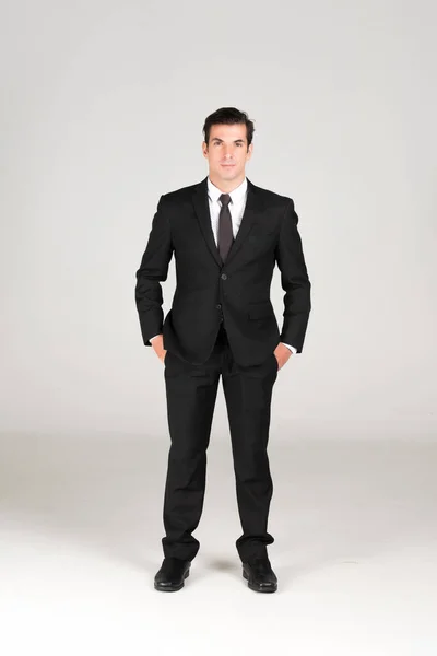 Portrait Smiling Western Business Man Wearing Black Suit His Hands — Stock Photo, Image