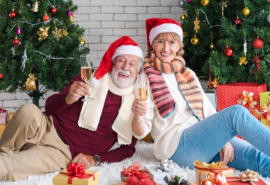 Noel Baba şapkalı son sınıf beyaz çift ellerinde şampanya flütü ya da beyaz şarap kadehiyle süslü Noel ağacının önünde oturmuş kışın Noel 'i kutlarken gülümseyin.. 