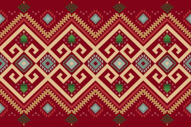 Kırmızı Noel vintage geometrik oryantal ikat dikdörtgen olmayan geleneksel etnik model tasarımı arkaplan, halı, duvar kağıdı arka plan, giysi, ambalaj, kumaş. Nakış stili. vektör.
