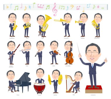 Klasik müzik performanslarında gözlüklü bir grup orta yaşlı adam. Vektör sanatını düzenlemek çok kolay..