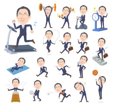 Egzersiz ve spor konusunda gözlüklü bir grup orta yaşlı adam. Vektör sanatını düzenlemek çok kolay..