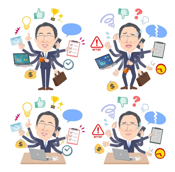 Set Middle Aged Man Glasses Who Perform Multitasking Office Vector — Stock Vector
