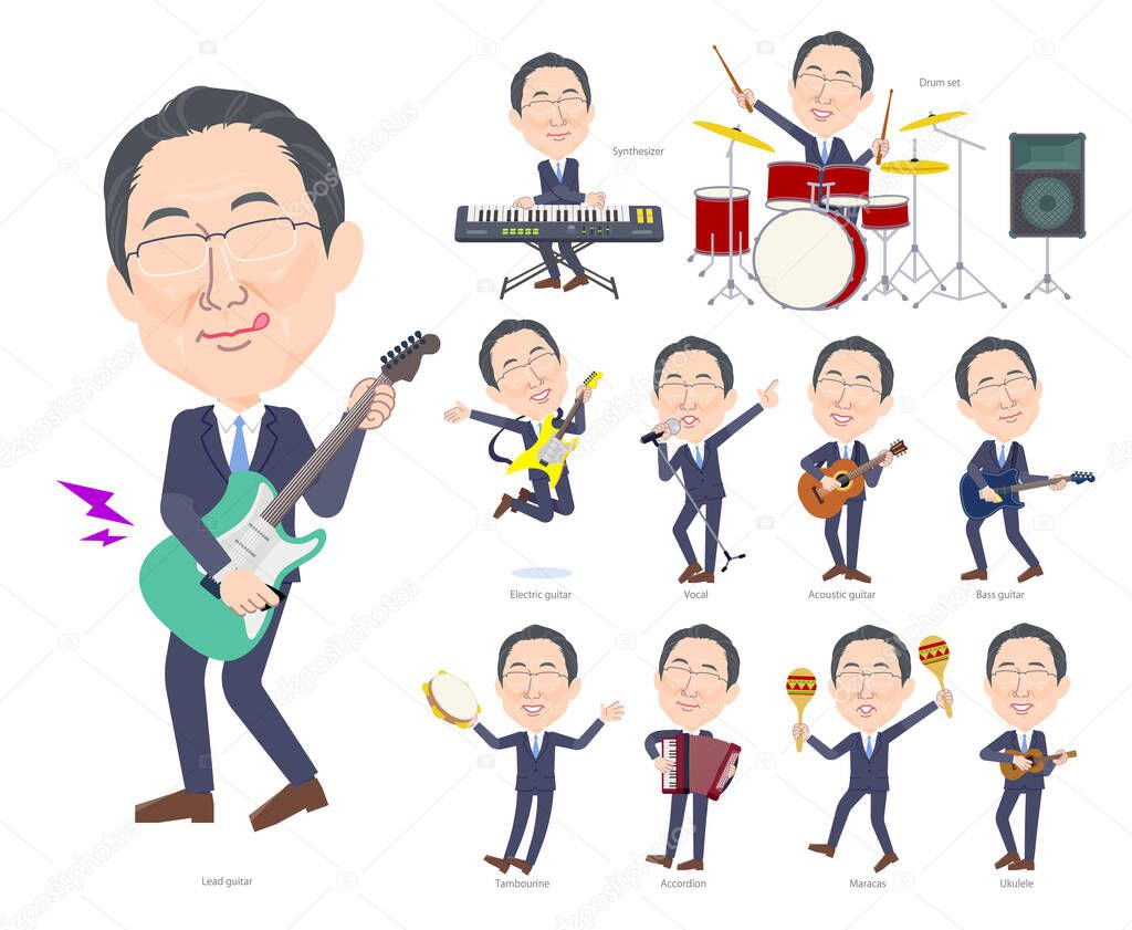 A set of Middle-aged man with glasses playing rock 'n' roll and pop music.It's vector art so easy to edit.