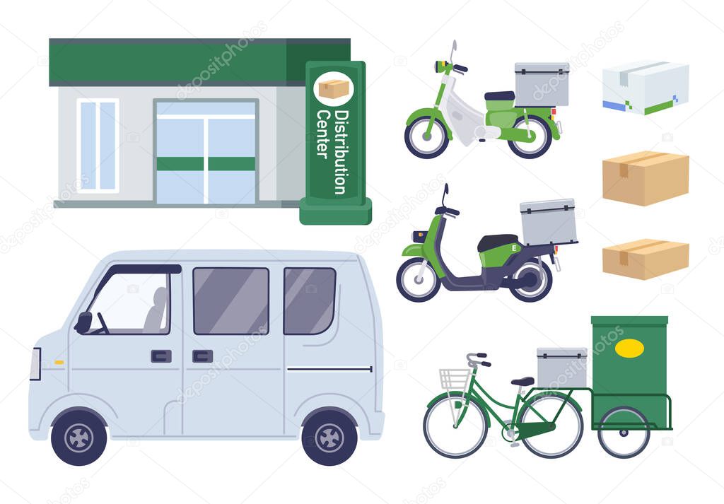 Shipping company vehicle, store and luggage set .It's vector art so easy to edit.