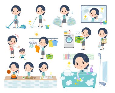 Temizlik ve çamaşır gibi ev işleriyle ilgili bir grup kadın. Düzenlemesi çok kolay vektör sanatı..