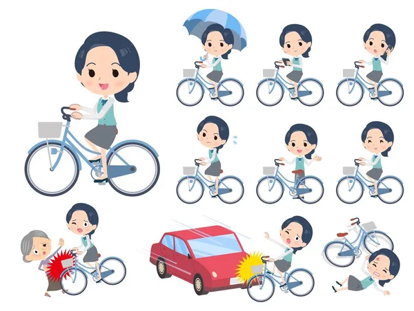 Set Clerk Women Riding City Cycl Vector Art Easy Edit — 图库矢量图片