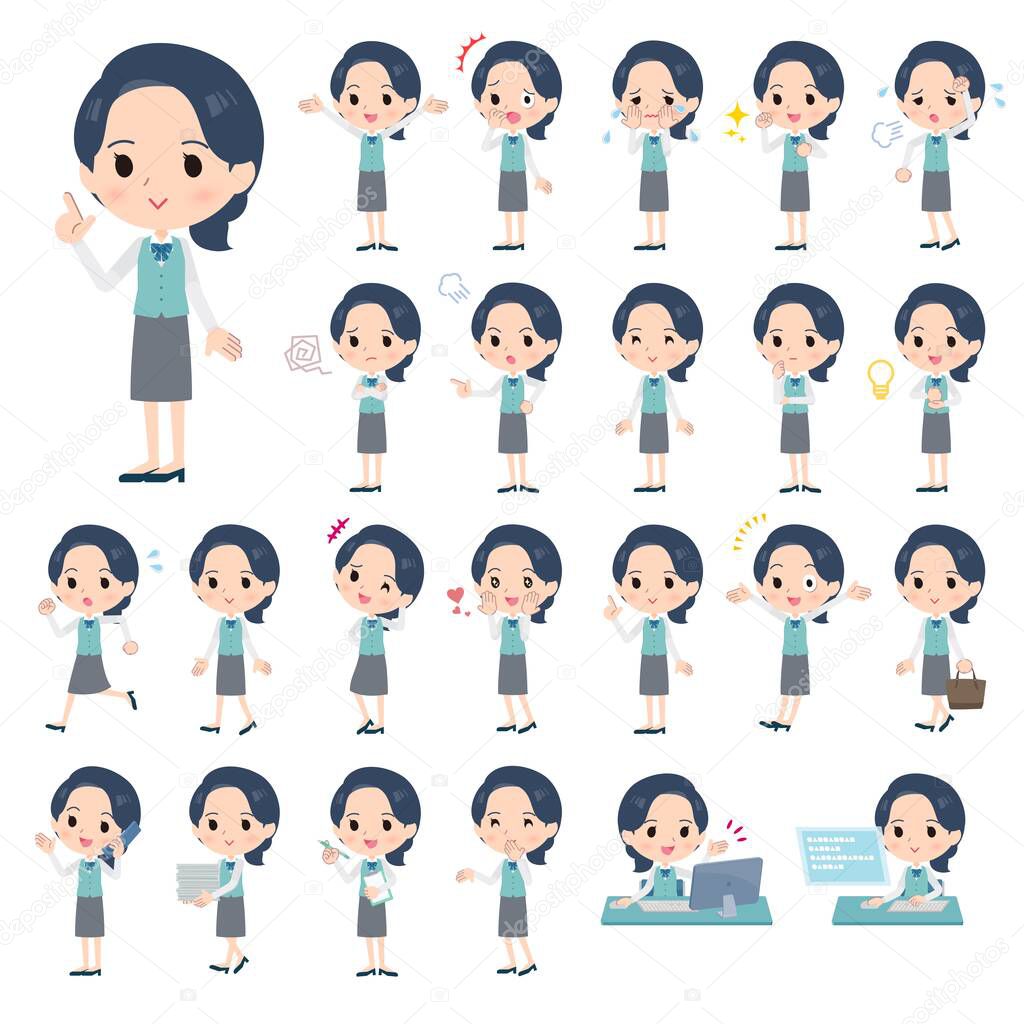 A set of Clerk women with who express various emotions.It's vector art so easy to edit.