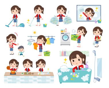 Temizlik ve çamaşırhane gibi ev işleriyle ilgili bir palto giymiş bir kadın. Düzenlemesi çok kolay vektör sanatı..