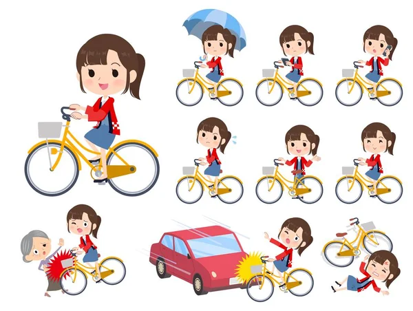 一套穿着快乐外套的女人骑着城市自行车 矢量艺术很容易编辑 — 图库矢量图片