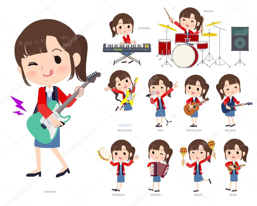 A set of wearing a happi coat woman playing rock 'n' roll and pop music.It's vector art so easy to edit.