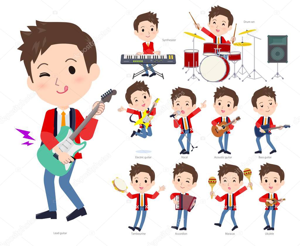 A set of wearing a happi coat man playing rock 'n' roll and pop music.It's vector art so easy to edit.