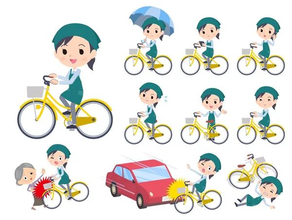 Şehir bisikletine binen bir grup süpermarket çalışanı. Yönlendirmesi çok kolay..