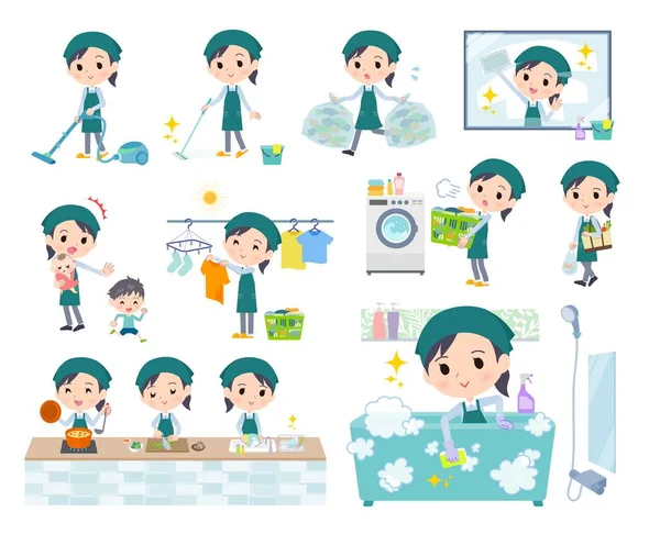 Set Supermarket Staff Woman Related Housekeeping Cleaning Laundry Vector Art — Stock Vector