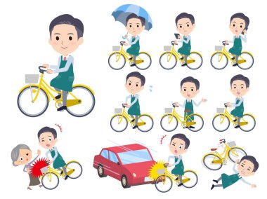 Şehir bisikletine binen bir süpermarket çalışanı. Vektör sanatını düzenlemek çok kolay..