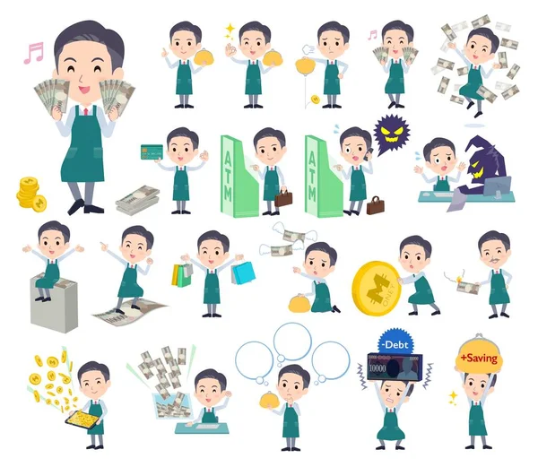 Parası ve ekonomisi olan bir süpermarket çalışanı. Düzenlemesi çok kolay vektör sanatı..