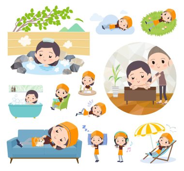 Bir grup Fast Food katibi kadın rahatlıyor. Vektör sanatını düzenlemek çok kolay..