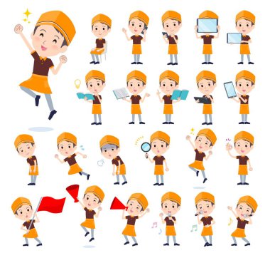 Akıllı telefonlar gibi dijital cihazları olan bir grup fast food çalışanı. Vektör sanatını düzenlemek çok kolay..