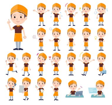 Çeşitli duyguları ifade eden bir grup fast food tezgahtarı. Vektör sanatını düzenlemek çok kolay..