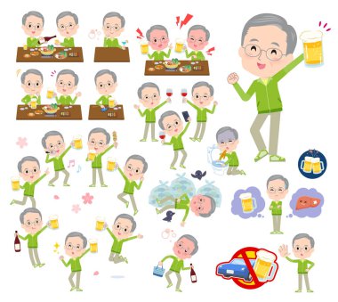 Alkolle ilgili yeşil formalı bir grup yaşlı adam. Vektör sanatını düzenlemek çok kolay..