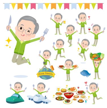 Yeşil formalı bir grup yaşlı adam yemek olaylarıyla ilgili. Vektör sanatını düzenlemek çok kolay..