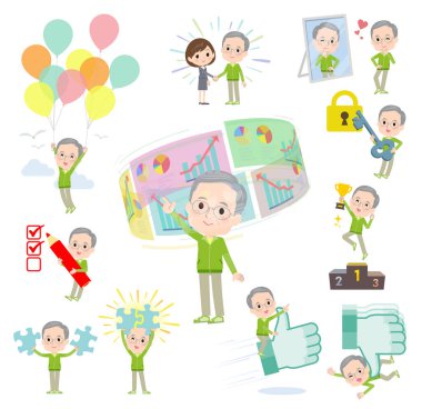 Yeşil formalı yaşlı bir adam grubu. Başarı ve olumluluk üzerine. Vektör sanatını düzenlemek çok kolay..