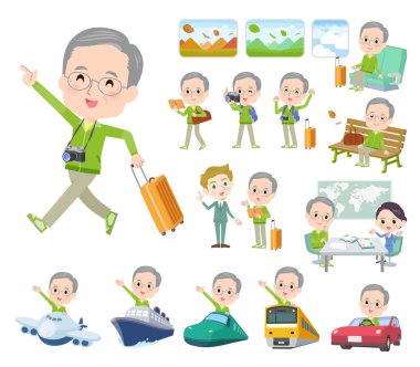 Yeşil formalı bir grup yaşlı adam seyahatte. Vektör sanatını düzenlemek çok kolay..