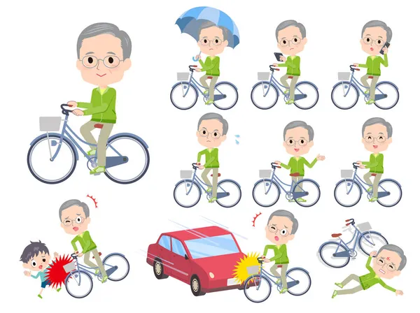 Şehir Bisikletine Binen Bir Grup Yeşil Formalı Yaşlı Adam Vektör — Stok Vektör