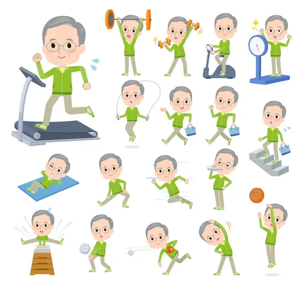 Yeşil Formalı Bir Grup Yaşlı Adam Spor Egzersiz Yapıyor Vektör — Stok Vektör