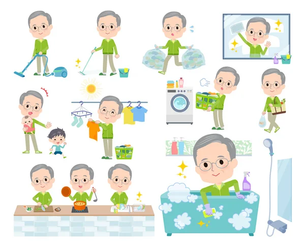 Temizlik Çamaşır Gibi Işleriyle Ilgili Yeşil Formalı Yaşlı Bir Adam — Stok Vektör