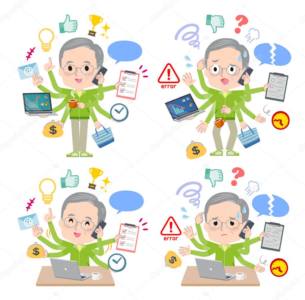 A set of elderly man in green jerseys who perform multitasking in the office.It's vector art so easy to edit.