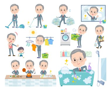 Temizlik ve çamaşır gibi ev işleriyle ilgili bir grup yaşlı adam. Düzenlemesi çok kolay vektör sanatı..