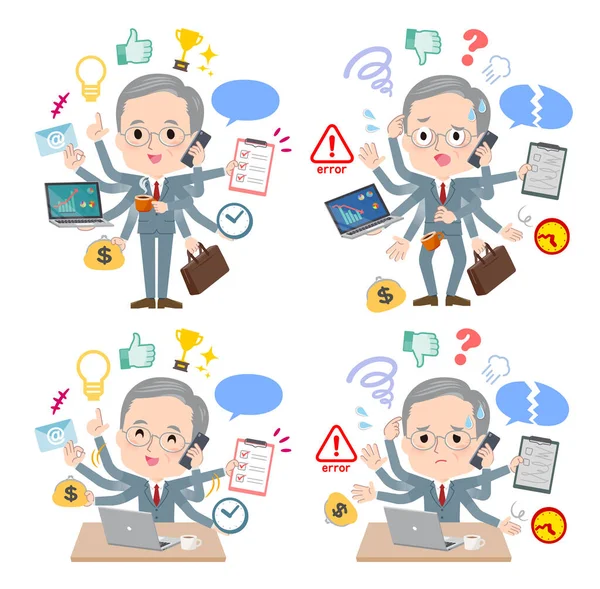 Set Business Old Man Who Perform Multitasking Office Vector Art — Stock Vector