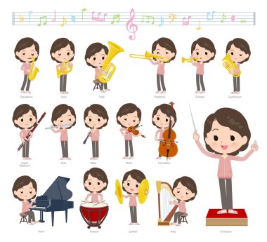 Klasik müzik performansları üzerine pembe formalı bir grup ortanca kadın. Vektör sanatını düzenlemek çok kolay..