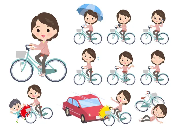 一组穿着粉色运动衫的中级妇女骑着一辆城市自行车 矢量艺术很容易编辑 — 图库矢量图片