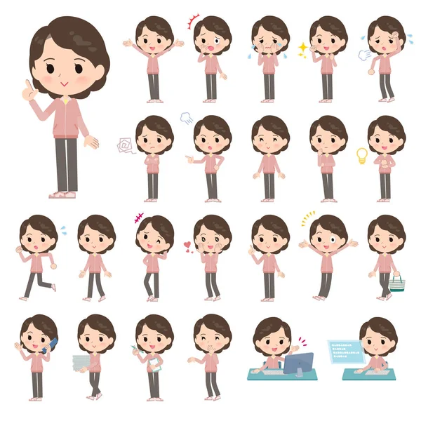 Set Middle Women Pink Jerseys Who Express Various Emotions Vector — Stock Vector