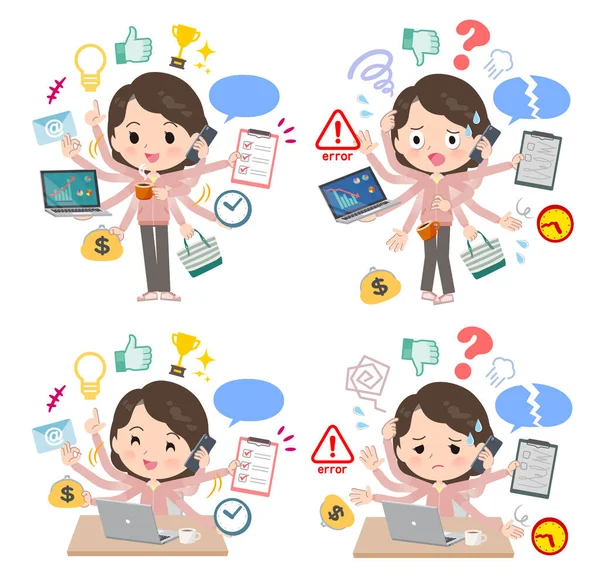 Ofiste çoklu görev yapan pembe formalı bir grup ortanca kadın. Düzenlemesi çok kolay vektör sanatı..