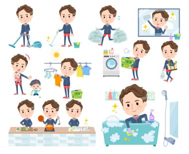 Temizlik ve çamaşır gibi ev işleriyle ilgili bir takım orta yaşlı adam. Düzenlemesi çok kolay bir vektör sanatı..