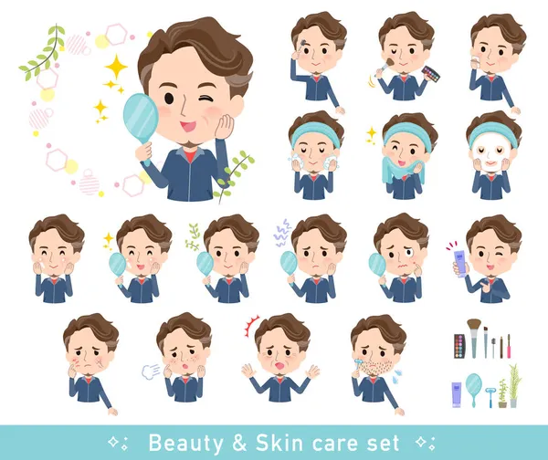 Set Middle Age Man Sportswear Beauty Various Actions Skin Care — Stock Vector