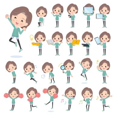 Mavi yeşil formalı, akıllı telefonlar gibi dijital donanımlı bir grup ortanca kadın. Vektör sanatını düzenlemek çok kolay..