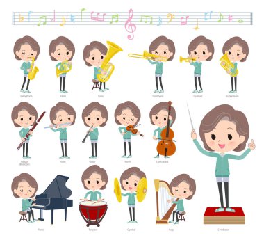 Klasik müzik performansları üzerine Mavi Yeşil formalı bir grup ortanca kadın. Vektör sanatını düzenlemek çok kolay..