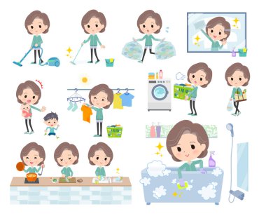 Temizlik ve çamaşır gibi ev işleriyle ilgili Mavi Yeşil formalı bir grup ortanca kadın. Düzenlenmesi çok kolay vektör sanatı..