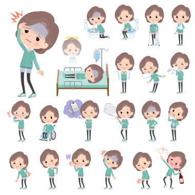 Mavi yeşil formalı, sakat ve hasta bir grup ortanca kadın. Vektör sanatını düzenlemek çok kolay..