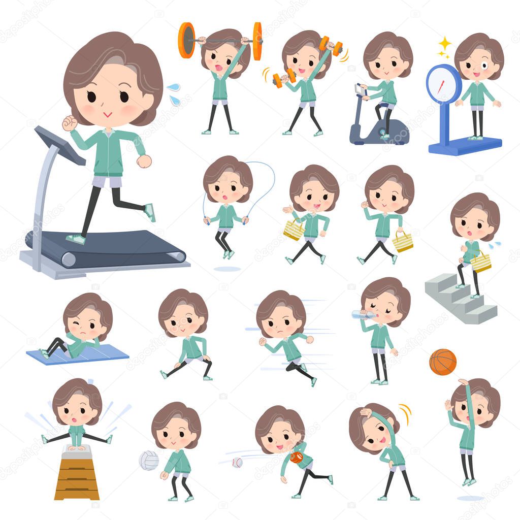 A set of middle women in Blue Green jerseys on exercise and sports.It's vector art so easy to edit.