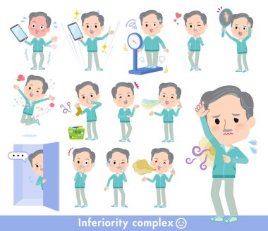 Mavi yeşil formalı bir grup yaşlı adam aşağılık kompleksi yaşıyor. Vektör sanatını düzenlemek çok kolay..