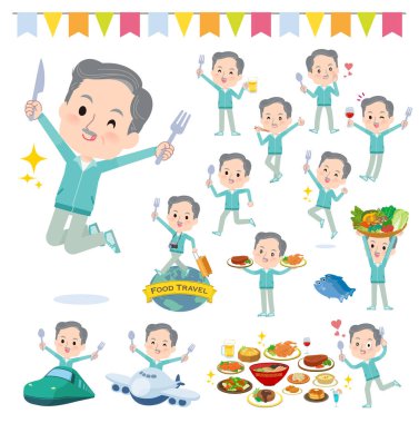 Mavi yeşil formalı bir grup yaşlı adam yemek olaylarıyla ilgili. Vektör sanatını düzenlemek çok kolay..