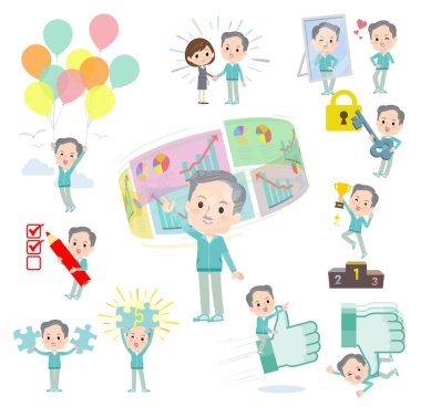 Mavi yeşil formalı yaşlı bir adam grubu. Başarı ve olumluluk üzerine. Yönlendirmesi çok kolay..