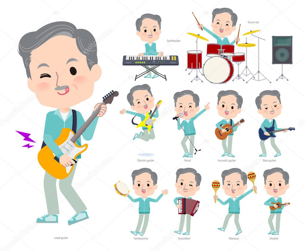 A set of elderly man in Blue green jerseys playing rock 'n' roll and pop music.It's vector art so easy to edit.