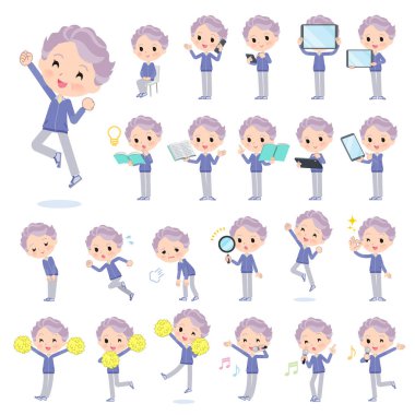 Akıllı telefonlar gibi dijital donanıma sahip mavi formalı bir grup yaşlı kadın. Vektör sanatını düzenlemek çok kolay..