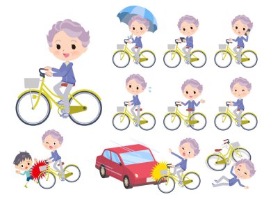 Şehir bisikletine binen mavi formalı bir grup yaşlı kadın. Vektör sanatını düzenlemek çok kolay..