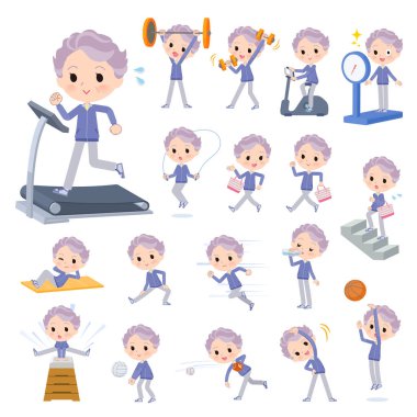 Egzersiz ve spor yapan mavi formalı bir grup yaşlı kadın. Vektör sanatını düzenlemek çok kolay..